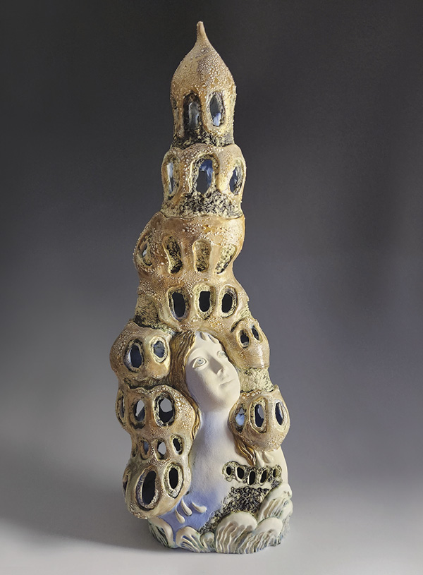 3 Natasha Dikareva’s Searching for Answers, 30 in. (76 cm) in height, stoneware, stains, glazes.