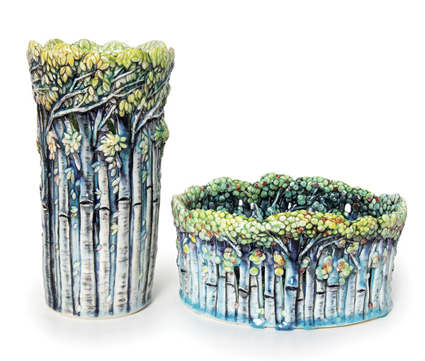 1 Heesoo Lee’s vase and serving bowl, to 10 in. (25 cm) in height, wheel-thrown and altered cone-10 porcelain, liner glazes, underglaze washes. Photo: Silvia Palmer.