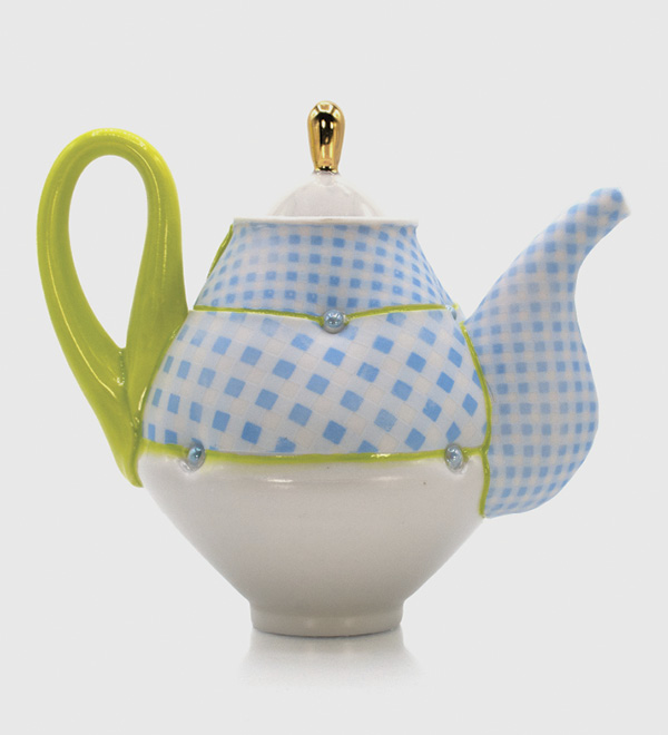 3 Samantha Briegel’s Baby Blue Gingham Teapot, 7 in. (18 cm) in width, porcelain.