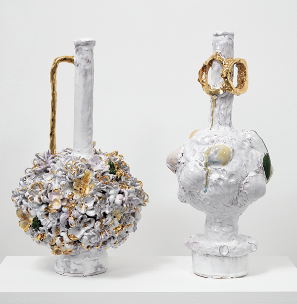 2 Fruit and Flower Garniture, 19 in. (48 cm) in width, ceramic, gold luster, 2019. Photo: Alan Weiner. Courtesy of Greenwich House Pottery.
