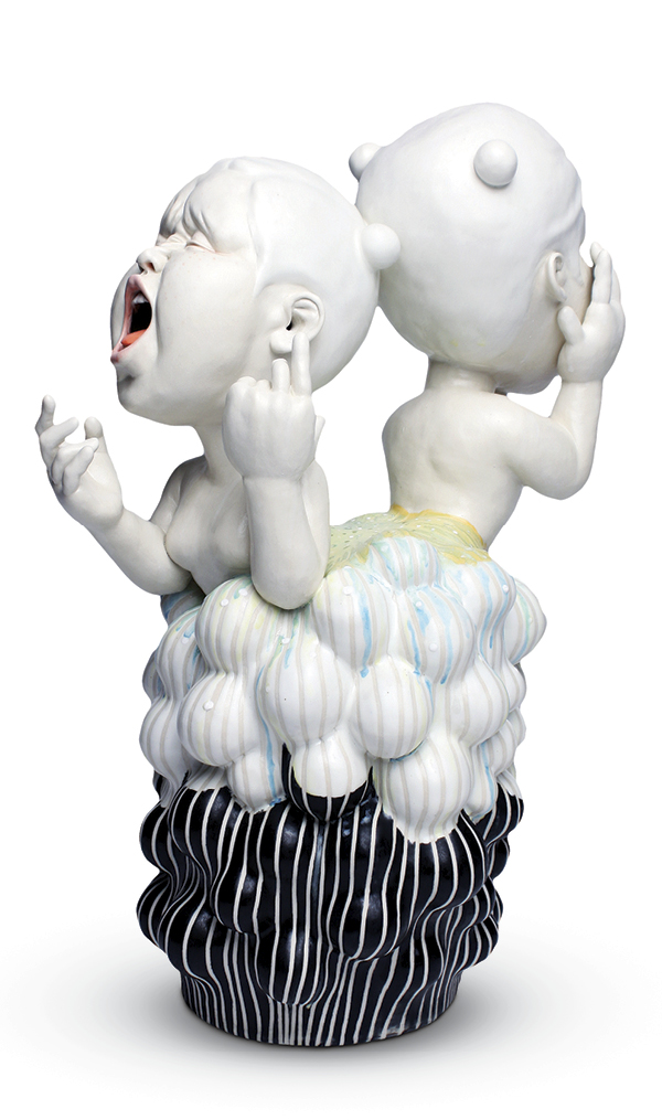 3 2020 Frustration, 20 in. (51 cm) in length, handbuilt porcelain, underglaze, glaze, fired to cone 6 in an electric kiln, 2021.