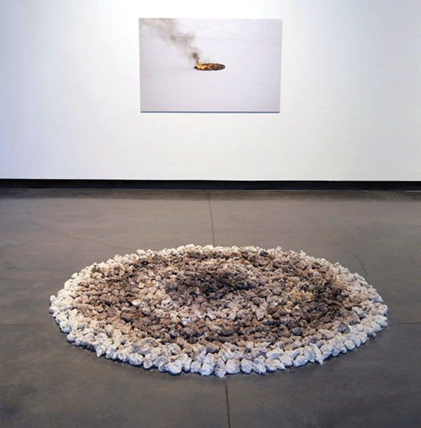 1 Marianne Chénard’s Drawing. Fire, 3 ft. 7 in. (1.1 m) in height, porcelain, inkjet print on watercolor paper, wood, 2021.