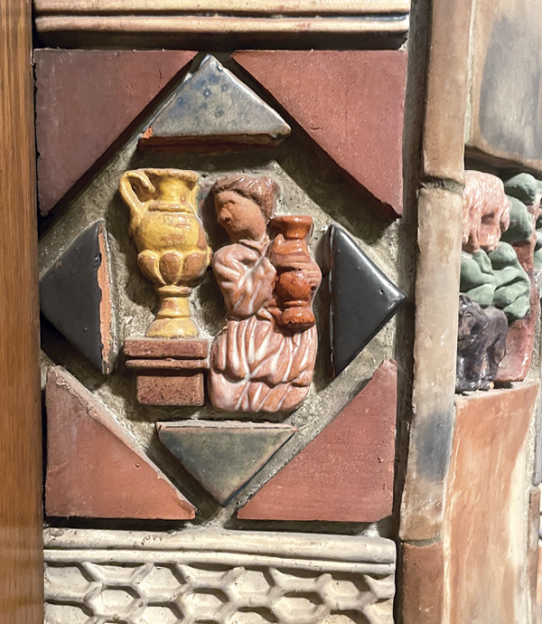 1 Historic narrative relief brocade tile designed by the Moravian Pottery and Tile Works. Photo: The Tileworks of Bucks County.