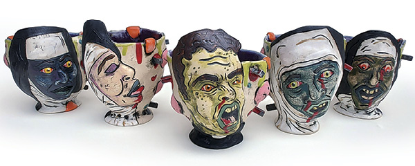 1 Ian Park’s Nunsploitation Sipper Cups, 3.5 in. (8.9 cm) in width (each), ceramic, underglaze, glaze, fired to cone 6, 2022.