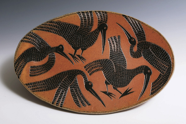 1 Alison Palmer’s Bird Platter, 16 in. (40.6 cm) in length, slab-built stoneware, soda fired, 2024.