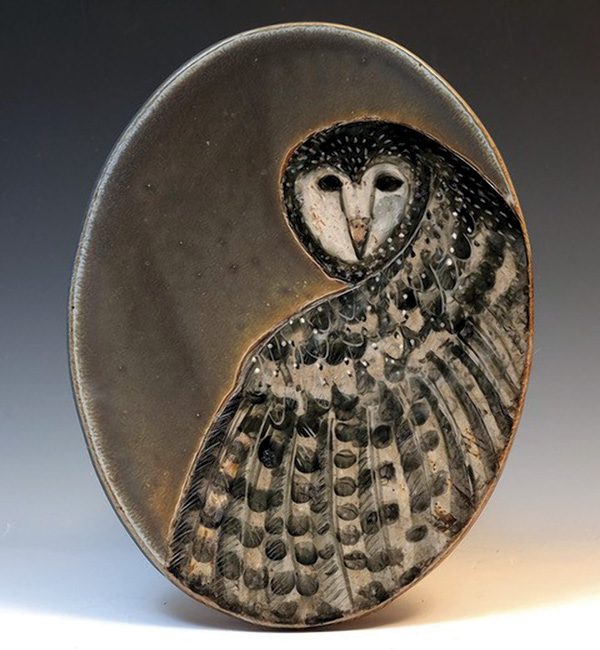 3 Alison Palmer’s Owl Plate: Fly By At Dusk, 9.5 in. (24.1 cm) in length, slab-built stoneware, soda fired.