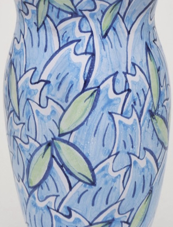 3 Carly Van Anglen and David Ferro’s Wave Jar, 12.25 in. (31 cm) in height, terra cotta, majolica glaze, Lynn Peters’ Overglaze Colors, Amaco Velvet underglazes (Royal Blue and Jet Black), fired to cone 03, 2016.