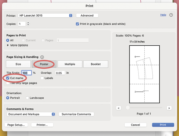 5 In your print box, select “Poster,” with the tile scale set to 100% with cut marks “on,” and press print.