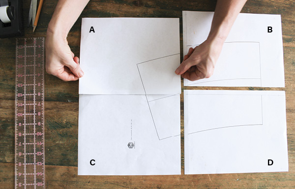 7 Overlap A over C and tape together. Do the same with B over D, and then tape the joined A and C over the joined B and D.