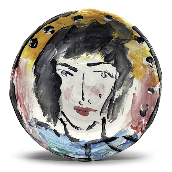 1 George McCauley’s plate, 13 in. (33 cm) in diameter, wheel-thrown earthenware, majolica, underglaze, slip, glaze, fired to cone 1.