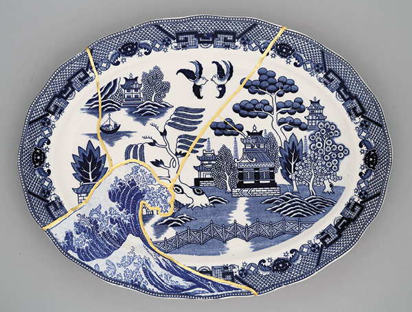 1 Paul Scott’s Fukushima, No. 11, from the series Cumbrian Blue(s), transfer-printed collage with kintsugi on broken and re-assembled Willow earthenware plate, circa 1965 by a once-known Japanese manufactory, 2025.