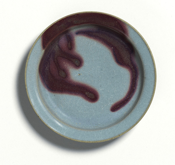 2 Blue-glazed splashed stoneware dish, 7 in. (17.7 cm) in diameter, fired in Jun kilns, Henan province, Jin period, 12th–13th century.