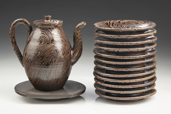 1 Linda Sikora’s Gather, 18 in. (45.7 cm) in height, stoneware, polychromic glaze, fired in a salt kiln, 2025.