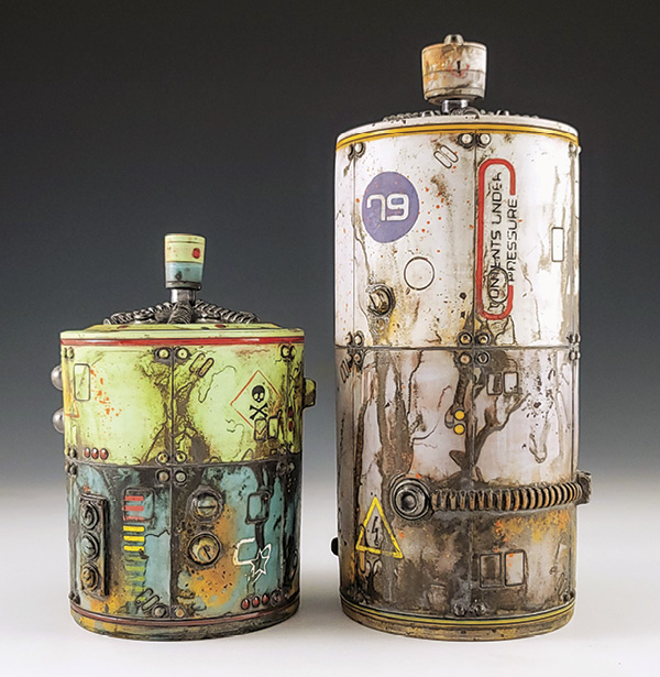 1 Mike Cinelli’s pair of canisters, to 11 in. (27.9 cm) in height, wheel-thrown earthenware, terra sigillata, underglaze, glaze, 2024. Photo: Companion Gallery.