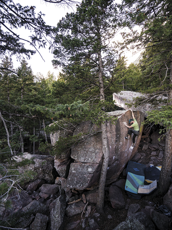 Justin D’Onofrio boulder climbing in Rocky Mountain National Park, 2019.