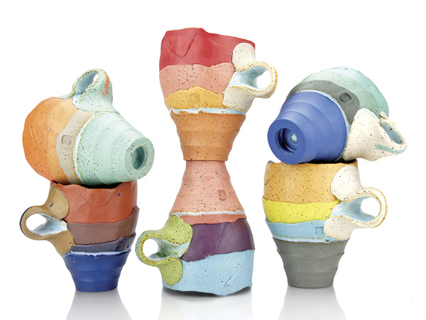 4 Justin D’Onofrio's Mugs, 6 in. (15.2 cm) in height (each), colored porcelain, shale, handbuilt, thrown, altered, glaze, 2025.
