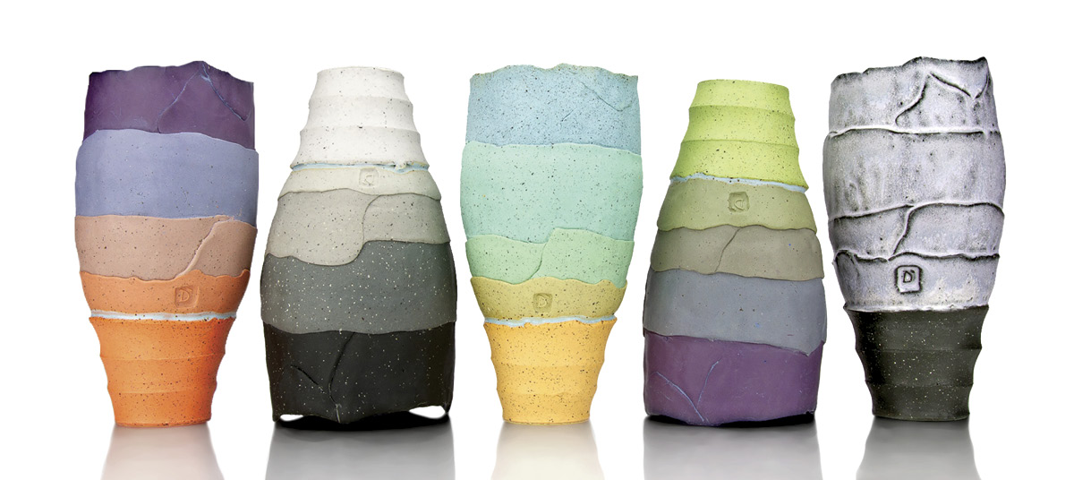 6 Justin D’Onofrio's Tumblers, 8 in. (20.3 cm) in height (each), colored porcelain, shale, handbuilt, thrown, altered, glaze, 2025.