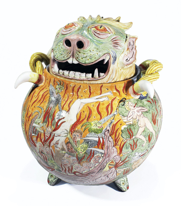 Lindsay Montgomery's Hellmouth Censor, 17¾ in. (45 cm) in height, tin-glazed earthenware, 2023.