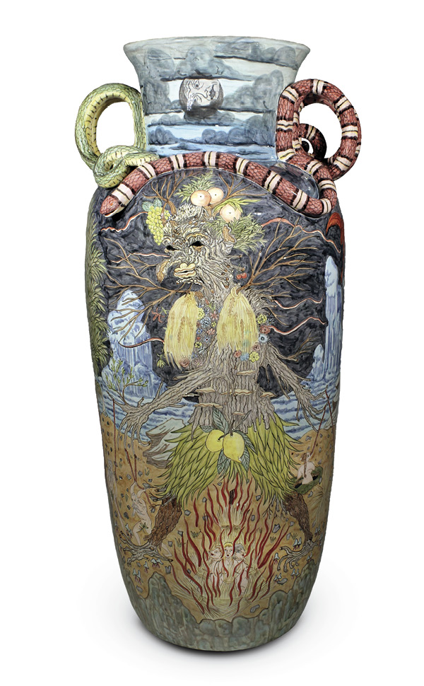 11 Lindsay Montgomery's The Purgatorium (front), 35 in. (89 cm) height, tin-glazed earthenware, 2023.
