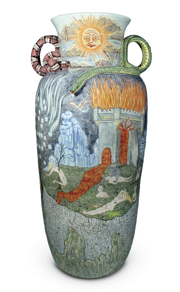 12 Lindsay Montgomery's The Purgatorium (back), 35 in. (89 cm) height, tin-glazed earthenware, 2023.