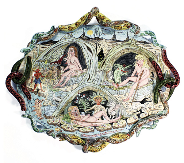 Lindsay Montgomery's Sicily Charger, 24¾ in. (63 cm) in length, tin-glazed earthenware, 2023.