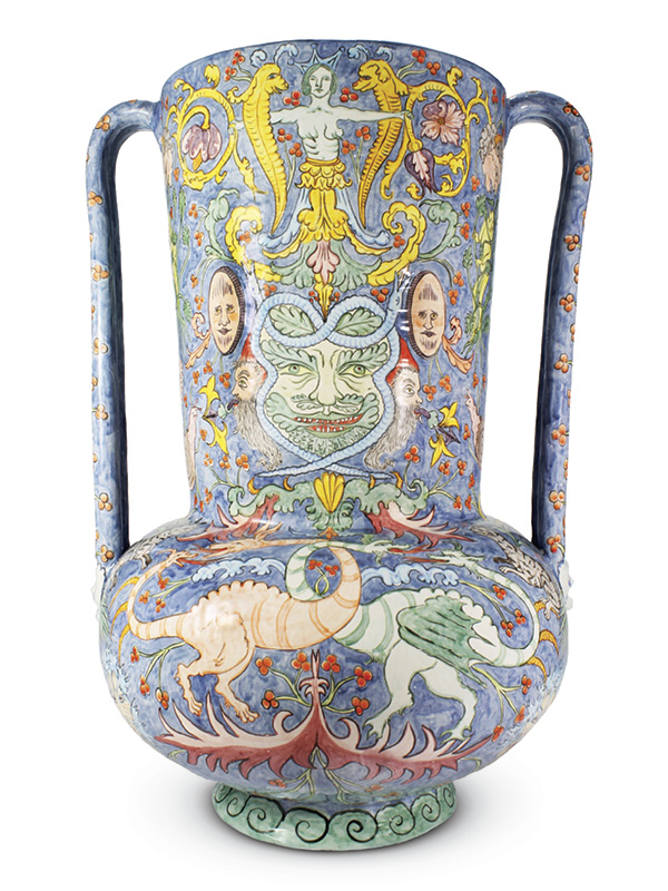 Lindsay Montgomery's Mythos Vase (front), 25¼ in. (64 cm) height, tin-glazed earthenware, 2023.