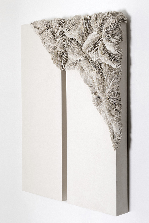 8 Olivia Walker's Collapsed Diptych, 39½ in. (100 cm) in height, porcelain, tadelakt, 2025. Photo: Rachel Hoile.