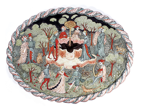 Lindsay Montgomery’s Goblin Market Charger, 23¼ in. (59 cm) in width, earthenware, NSCAD White Slip (Variation 1), Majolica (Arbuckle), Deb’s Clear, 2023.