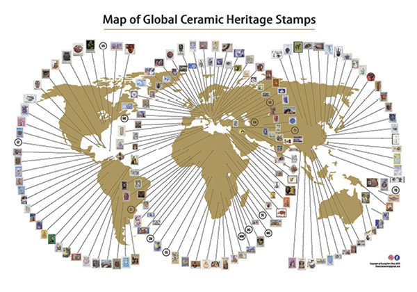 A map showing some of the many stamps in the Global Ceramic Heritage collection. The personal stamp collection of California-based ceramic artist and researcher Guangzhen “Po” Zhou makes up the bulk of this new collection. Map republished with Zhou’s permission. Credit: Global Ceramic Heritage.