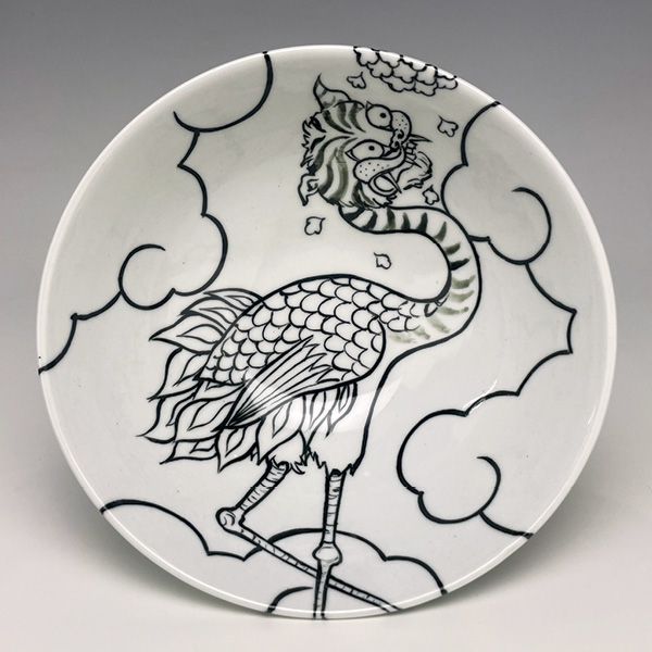 1 Sam Chung‘s Dragon Plate, 10 in. (25.4 cm) in diameter, wheel-thrown porcelain, glazes, underglazes, multiple firings to cone 6 and cone 10.