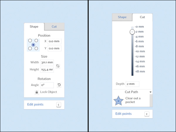 3 Settings for the ‘Shape’ and ‘Cut’ tabs in the design setting pop-up window in Easel.