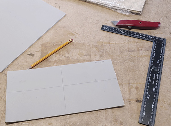 4 Cut linoleum to size, mark center, and note the size.