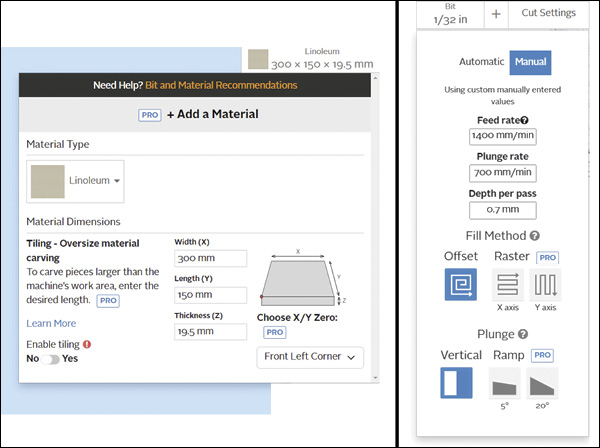 7 “Material Settings” and “Cut Settings” drop-down menus in Easel.