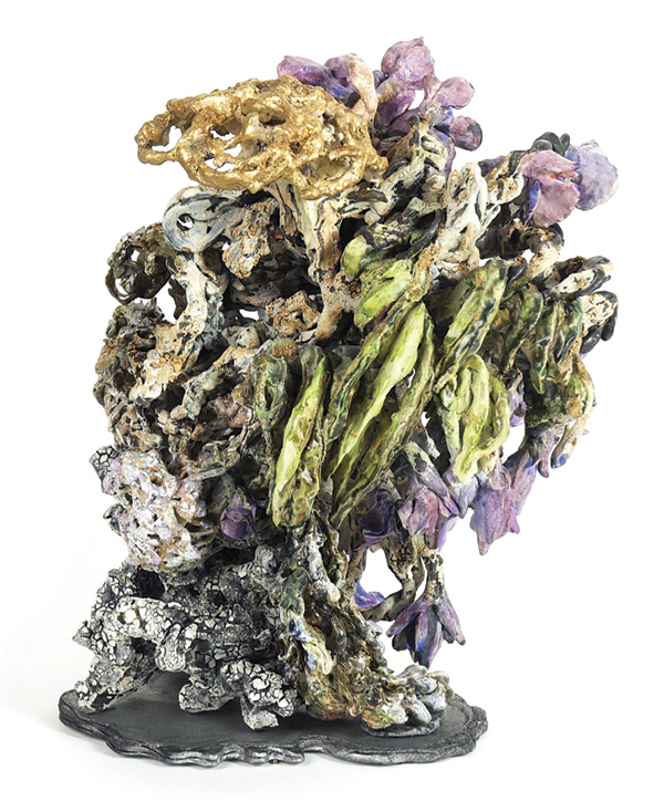 Susan Collett's Festoon (Stilleven Series), 15 in. (38.1 cm) in height, earthenware paper clay, wire, glaze, fired multiple times, gold and silver foil, enamel, 2023.