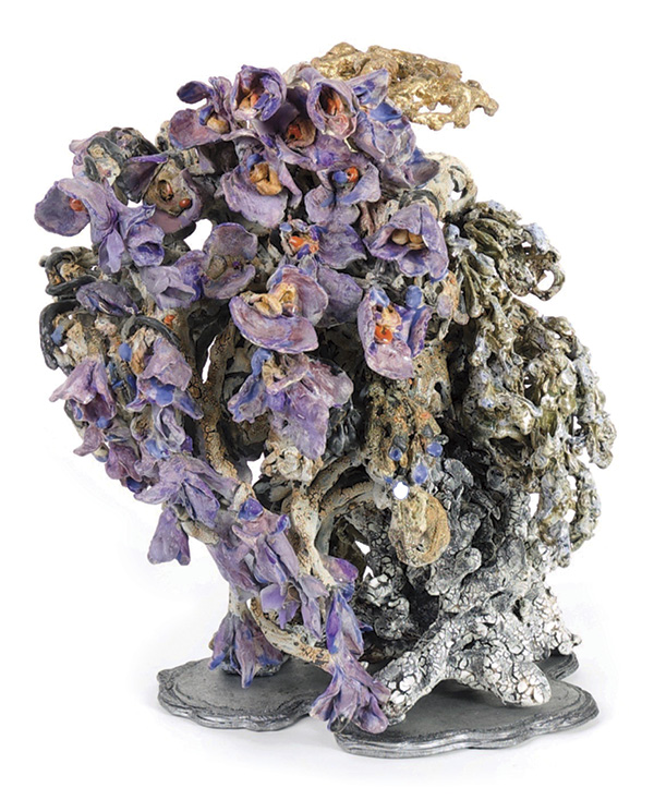 Susan Collett's Festoon (Stilleven Series), 15 in. (38.1 cm) in height, earthenware paper clay, wire, glaze, fired multiple times, gold and silver foil, enamel, 2023.