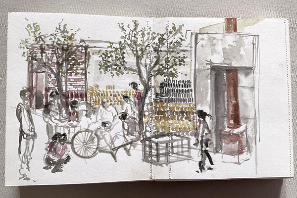 3 Watercolor sketch of workers in Fuping, China.