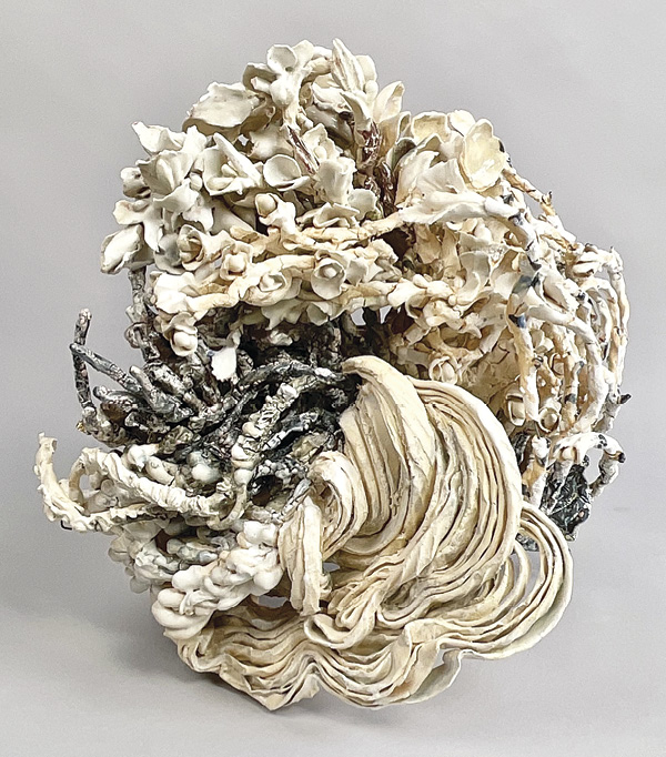 4 Susan Collett's Gust (Racine Series), 16 in. (40.6 cm) in width, porcelain paper clay, wire, glaze, multiple firings, gold gilding, pearlescent, cement, 2025.