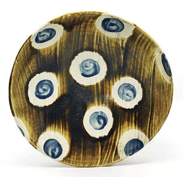 1 Sean O’Connell's Platter, 14 in. (35.6 cm) in diameter, wheel-thrown stoneware, slip, glaze, hand-painted wax resist, fired in reduction to cone 10 in a wood kiln, 2021.