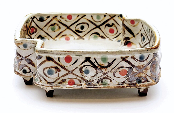 5 Sean O’Connell's Double-Square Tray, 2½ in. (6.4 cm) in height, wheel-thrown and altered stoneware, slip, glaze, hand-painted oxides/pigments, fired in reduction to cone 10 in a wood kiln, 2022.