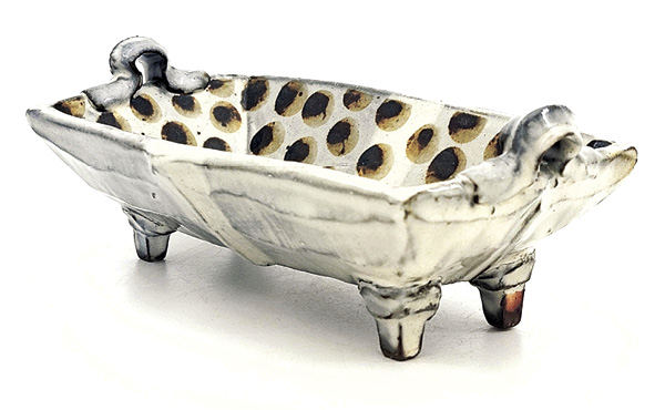 6 Sean O’Connell's Pickle dish, 6½ in. (16.5 cm) in length, handbuilt stoneware, slip, glaze, hand-painted with iron oxide, fired in reduction to cone 10 in a wood kiln, 2025.