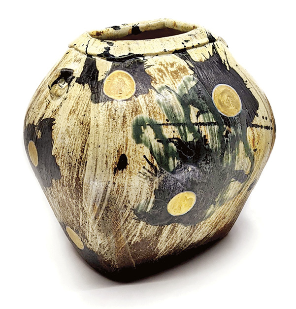 12 Sean O’Connell's Jar, 14 in. (35.6 cm) in height, handbuilt stoneware, slip, glaze, hand-painted with iron oxide/pigments, fired in reduction to cone 10 in a wood kiln, gold luster, 2020.