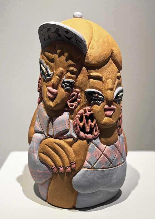 3 Kristy Moreno’s MIJA, CHULA, CHINGONA, 14½ in. (36.8 cm) in height, stoneware, underglaze, slip, glaze, 2023. Photo: Todd Oberndorfer.