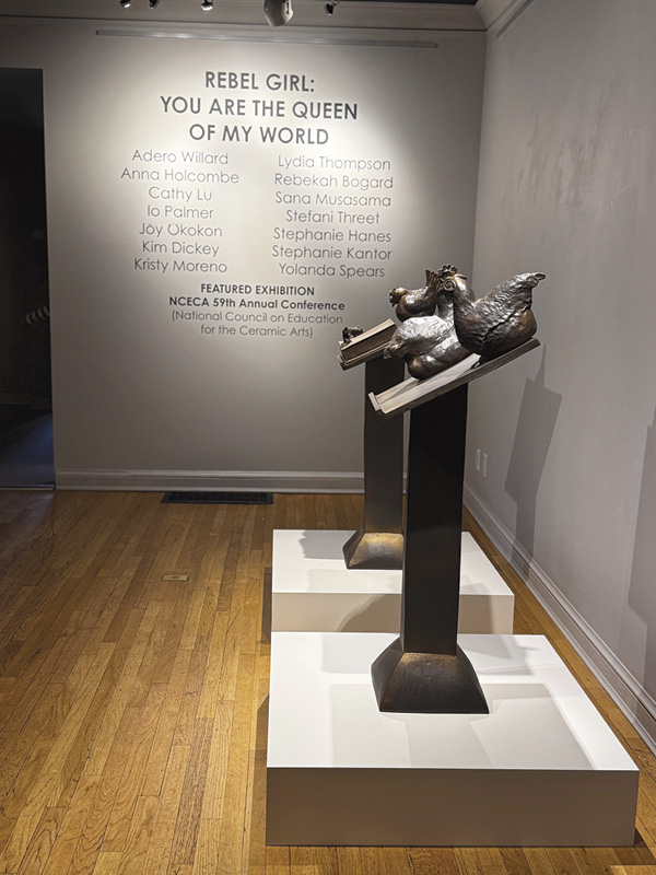 4 Installation view of Rebel Girl: You are the Queen of My World; foreground: Kim Dickey’s Brooding, 4 ft. 3½ in. (1.3 m) in height, terra cotta, glaze, 2023.