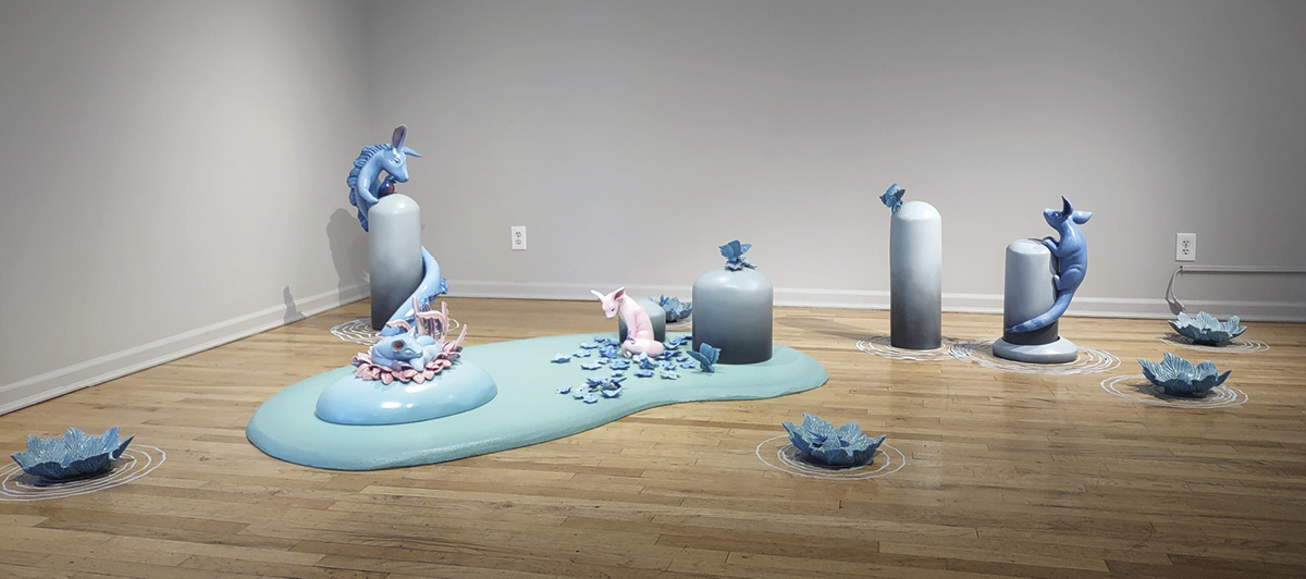6 Rebekah Bogard’s (installation view) featuring Curious by Nature 261/2 in. (67.3 cm) in height; I’m Yours, 261/2 in. (67.3 cm) in height; Lost in a Dream 13 in. (33 cm) in height; and Right Here, Right Now, 37 in. (94 cm) in height, earthenware, oil, acrylic paint, 2025.