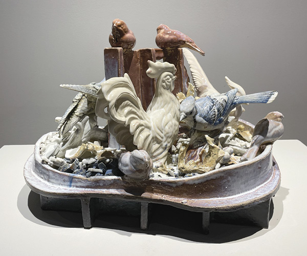 11 Lydia Thompson’s Flocking: Exile, 16 in. (40.6 cm) in height, ceramic, upcycled ceramics, 2024.