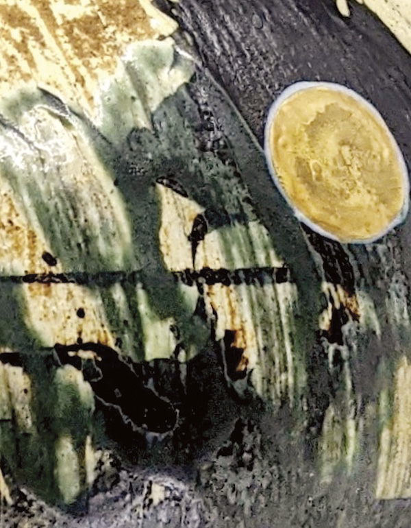 2 Sean O’Connell’s Jar (detail), 14 in. (35.6 cm) in height, handbuilt stoneware, slip, glaze, hand-painted with iron oxide/pigments, fired in reduction to cone 10 in a wood kiln, gold luster, 2020.