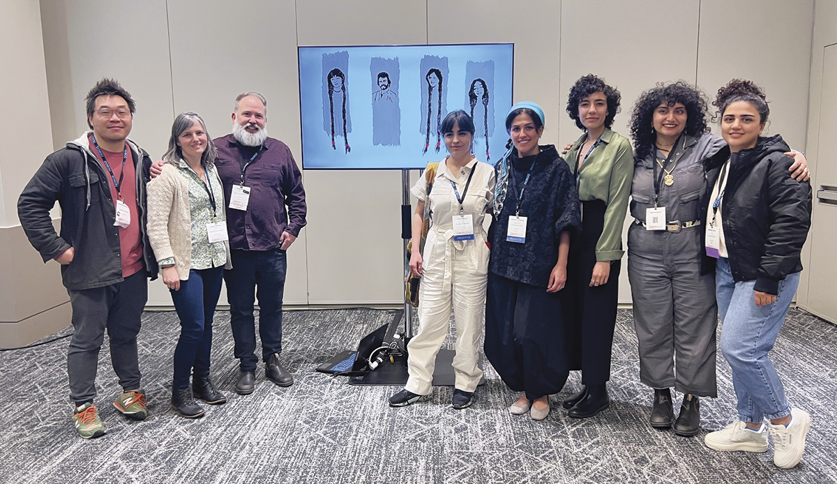 4 Left to right: Bobby Tso, Casey Whittier, Brian Harper, Sahar Tarighi, Raheleh Filsoofi, Maedeh Tafvisi, Zahra Hooshyar, and Sepideh Kalani at the reception of “Phase 2 of Polyvocality: Solidarity in a Time of Political Rupture.” Photo: Reza Filsoofi.