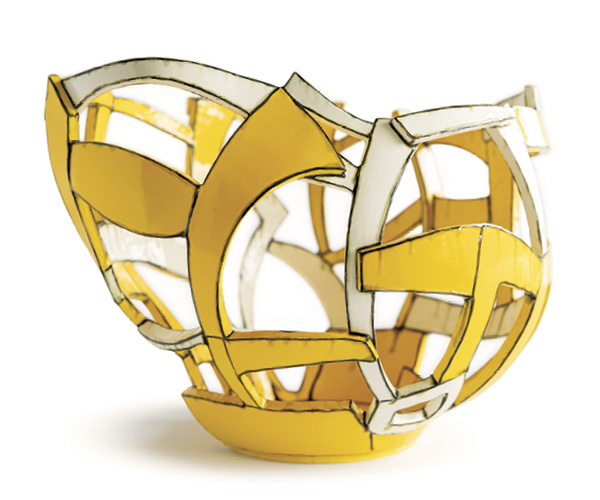 6 Large Yellow Basket, 16 in. (41 cm) in height, handbuilt white earthenware, Amaco Velvet underglazes, 2021.