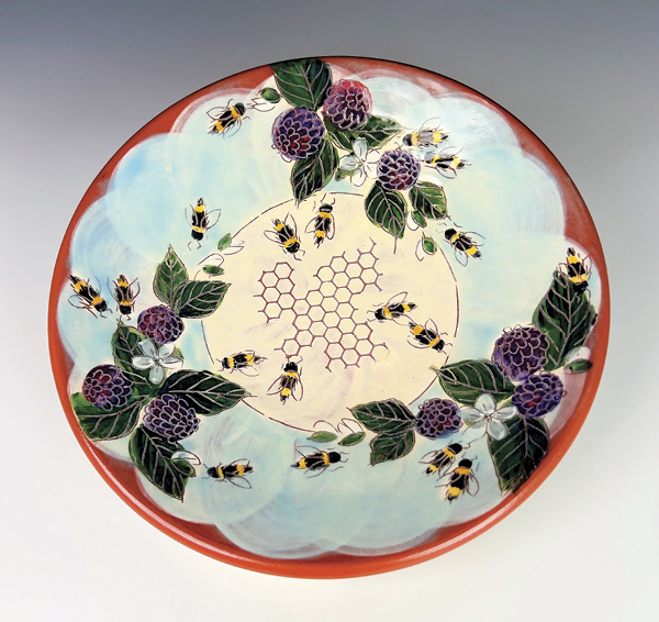 2 Christy Culp’s Blackberries & Bees Luncheon Plate, 6 in. (15 cm) in diameter, wheel-thrown earthenware, Pete’s Best Low Fire White Slip, underglaze, sgraffito, Blackberry Light Blue glaze, low-fire glaze, fired to cone 04 in an electric kiln.