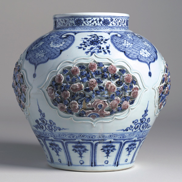 1 Large jar (guan), 13 in. (33 cm) in height, porcelain, blue and copper-red underglaze, Yuan dynasty, circa 1320–1352.